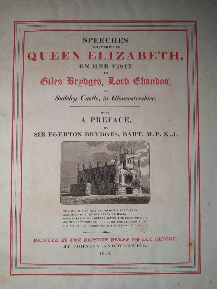 Title page from the Lee Priory Speeches to Elizabeth (1815)